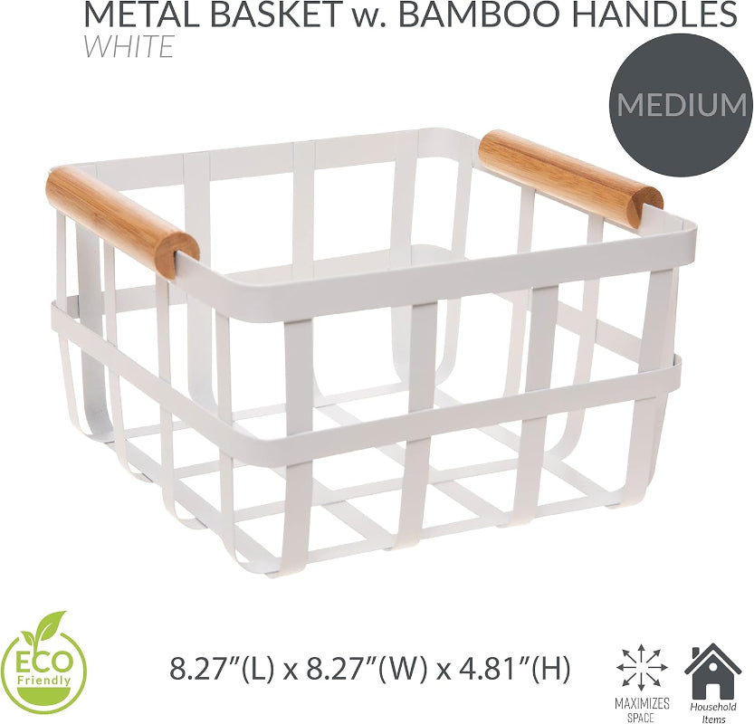 White Metal Storage Basket with Bamboo Handles