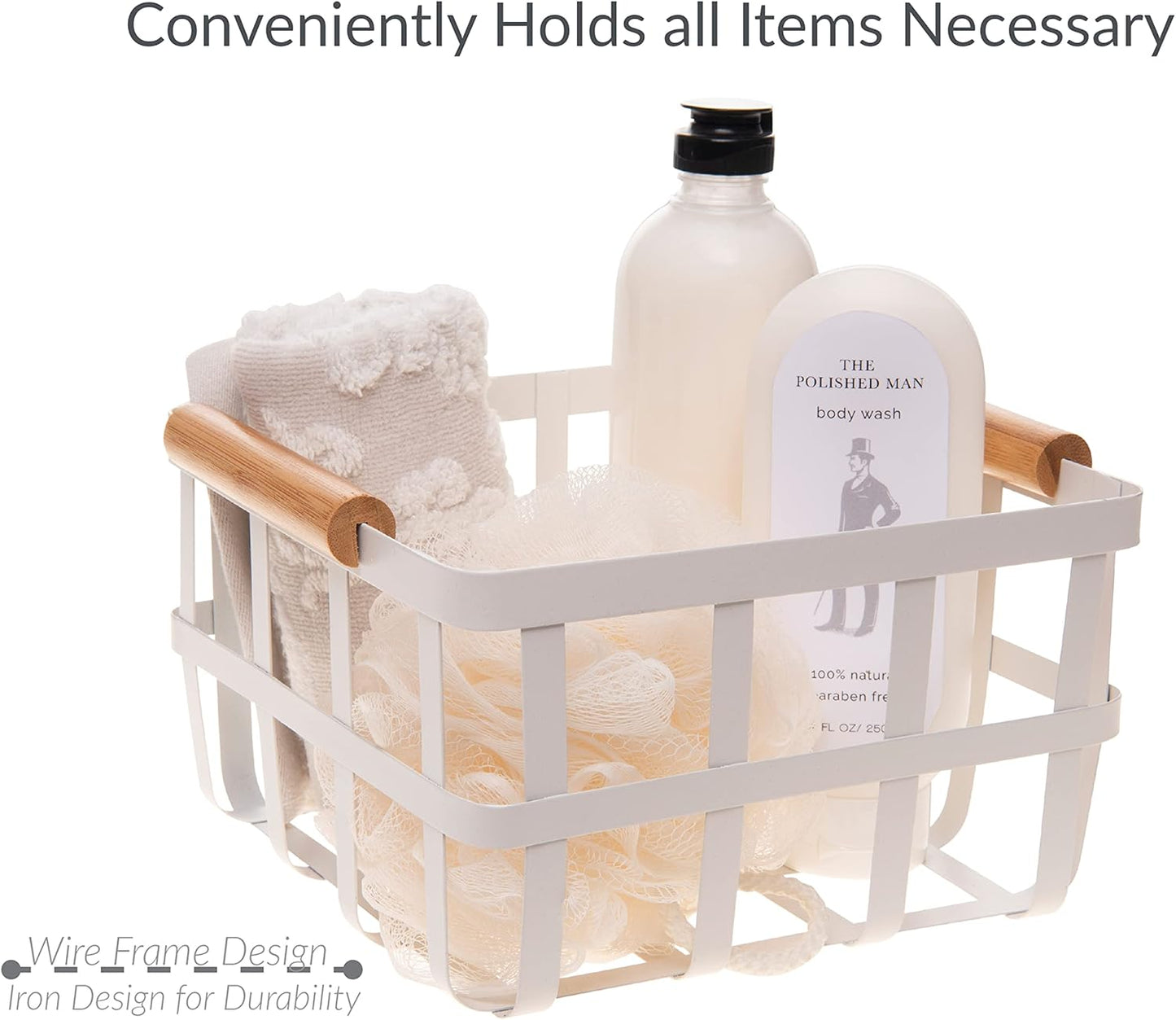 White Metal Storage Basket with Bamboo Handles