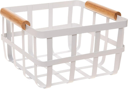 White Metal Storage Basket with Bamboo Handles