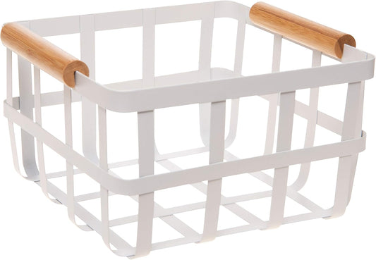 White Metal Storage Basket with Bamboo Handles