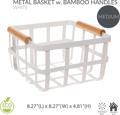 White Metal Storage Basket with Bamboo Handles