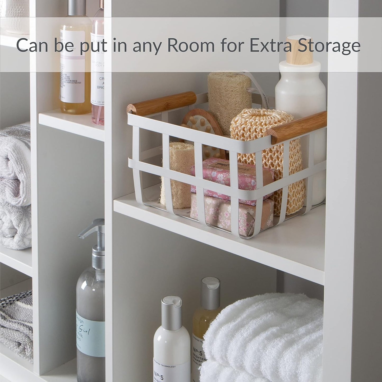 White Metal Storage Basket with Bamboo Handles