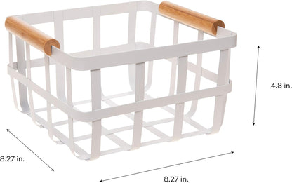 White Metal Storage Basket with Bamboo Handles